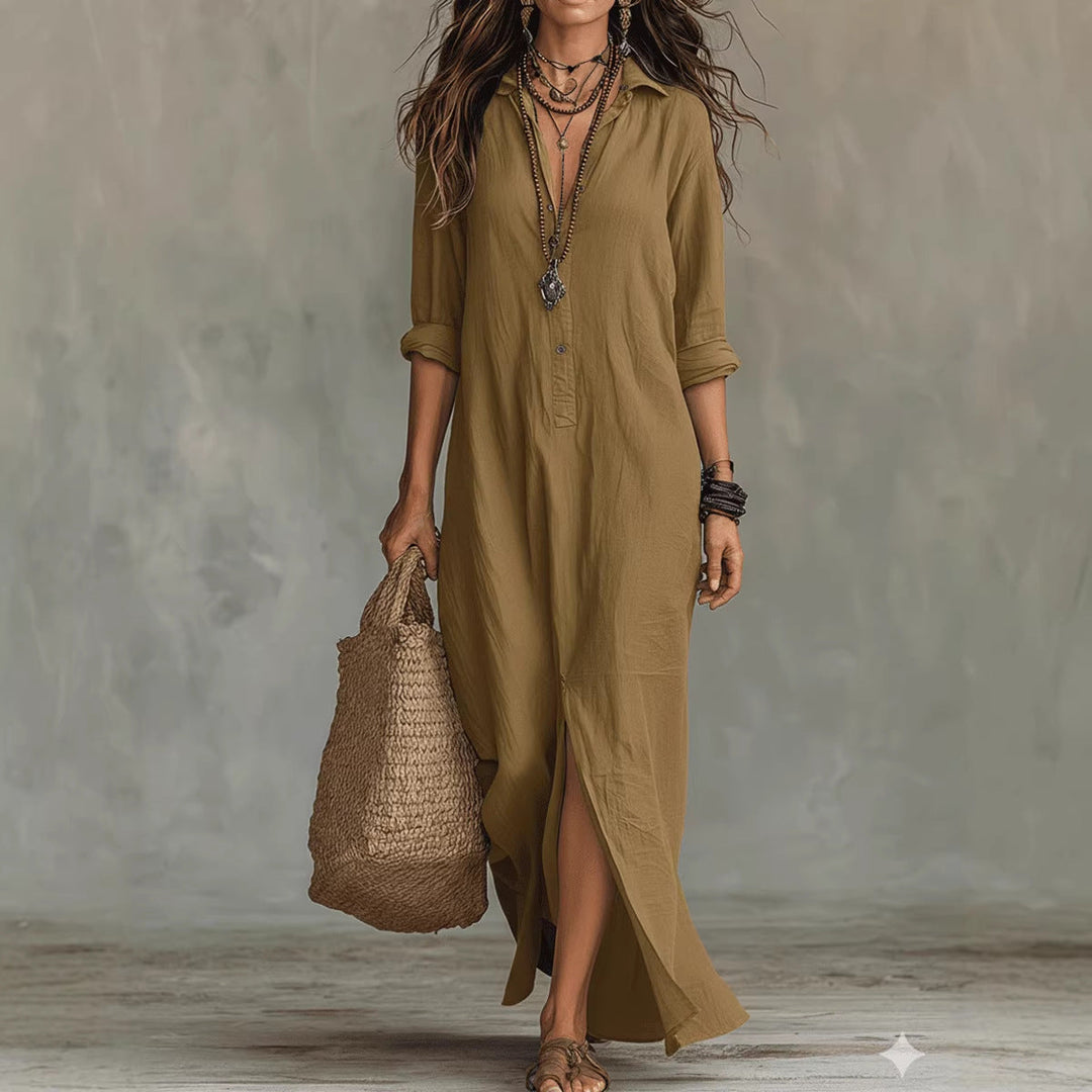 Maxi dress for women featuring a button-down detail and relaxed fit, designed with lightweight long sleeves for a casual yet stylish look. 7