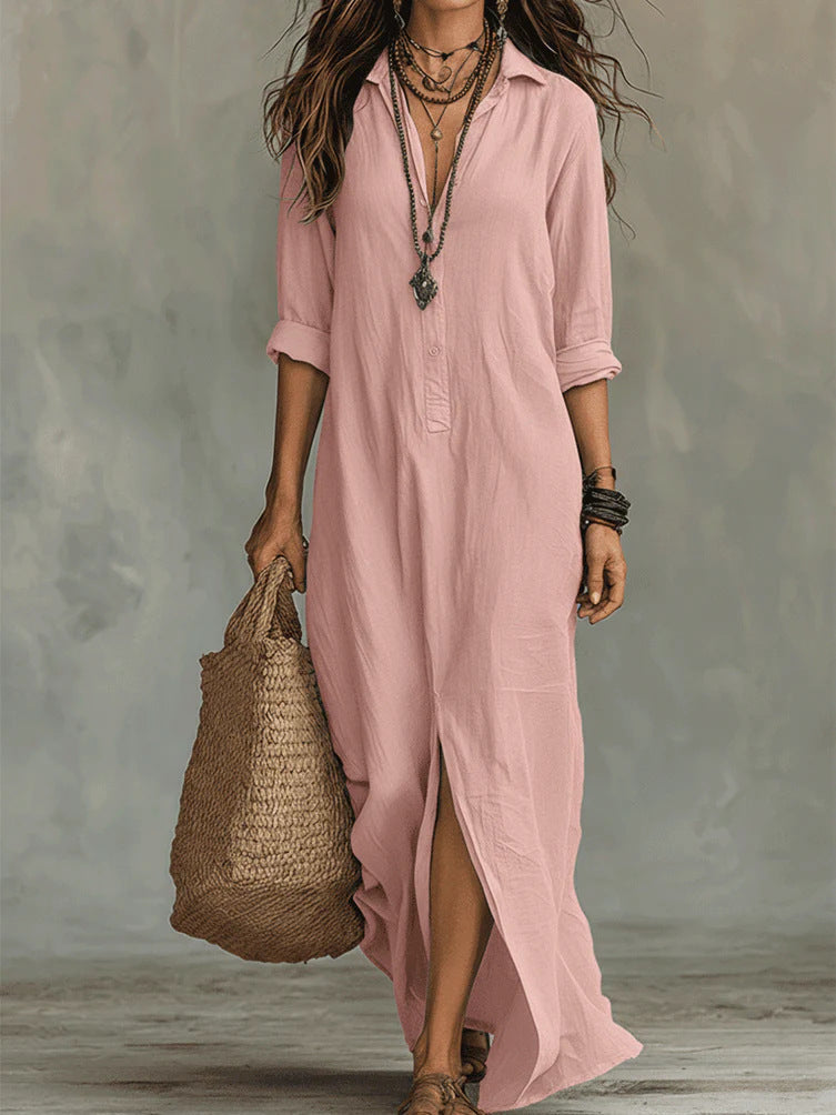 Maxi dress for women featuring a button-down detail and relaxed fit, designed with lightweight long sleeves for a casual yet stylish look. 8