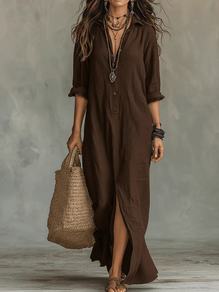 Maxi dress for women featuring a button-down detail and relaxed fit, designed with lightweight long sleeves for a casual yet stylish look. 9