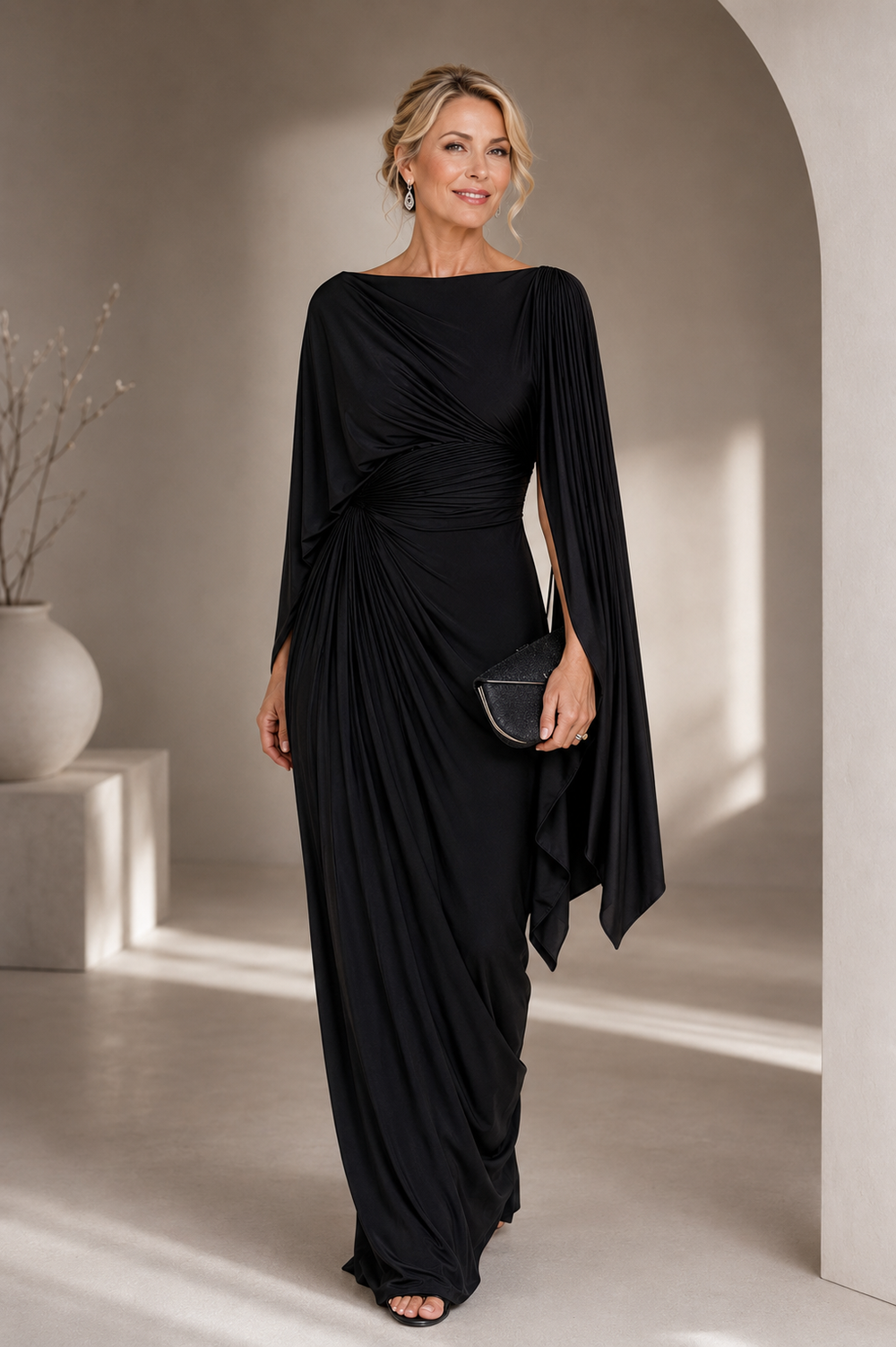 Maxi Dress with Flowing Cape Sleeves and Ruched Waist – Elegant Formal Long Dress for Women 1