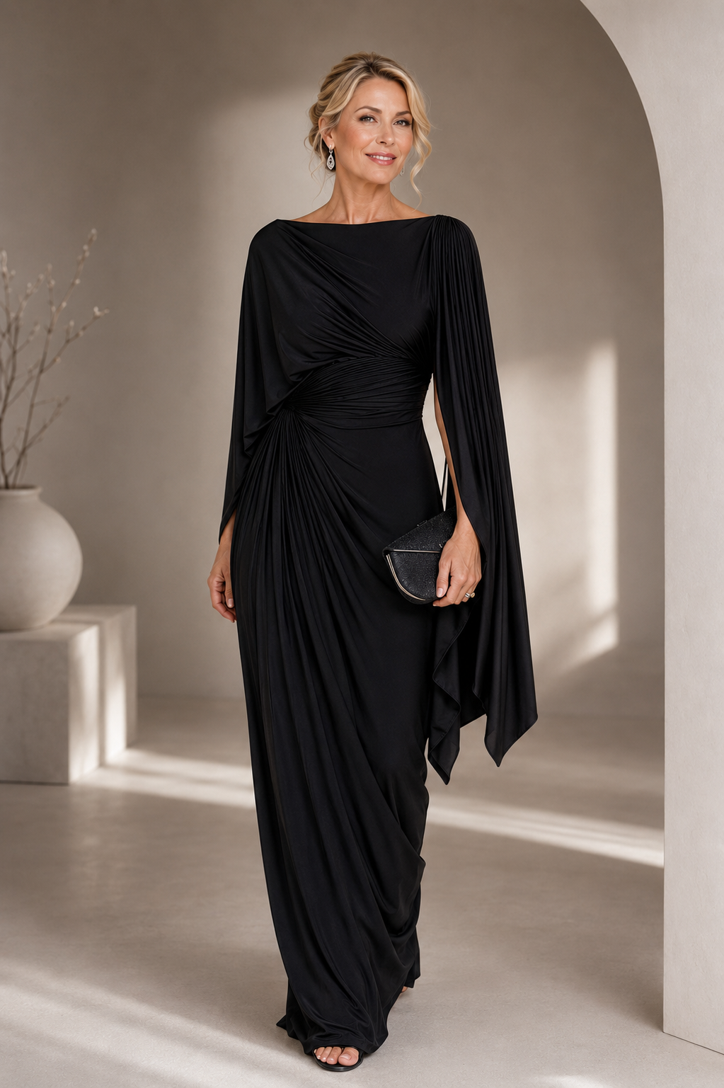 Maxi Dress with Flowing Cape Sleeves and Ruched Waist – Elegant Formal Long Dress for Women 1