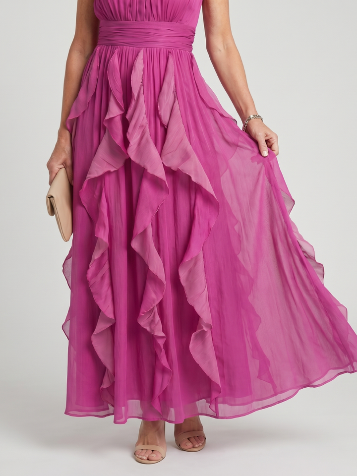 Maxi Dress with High Neck and Ruffle Layers – Lightweight Airy Sleeveless Design in White 2