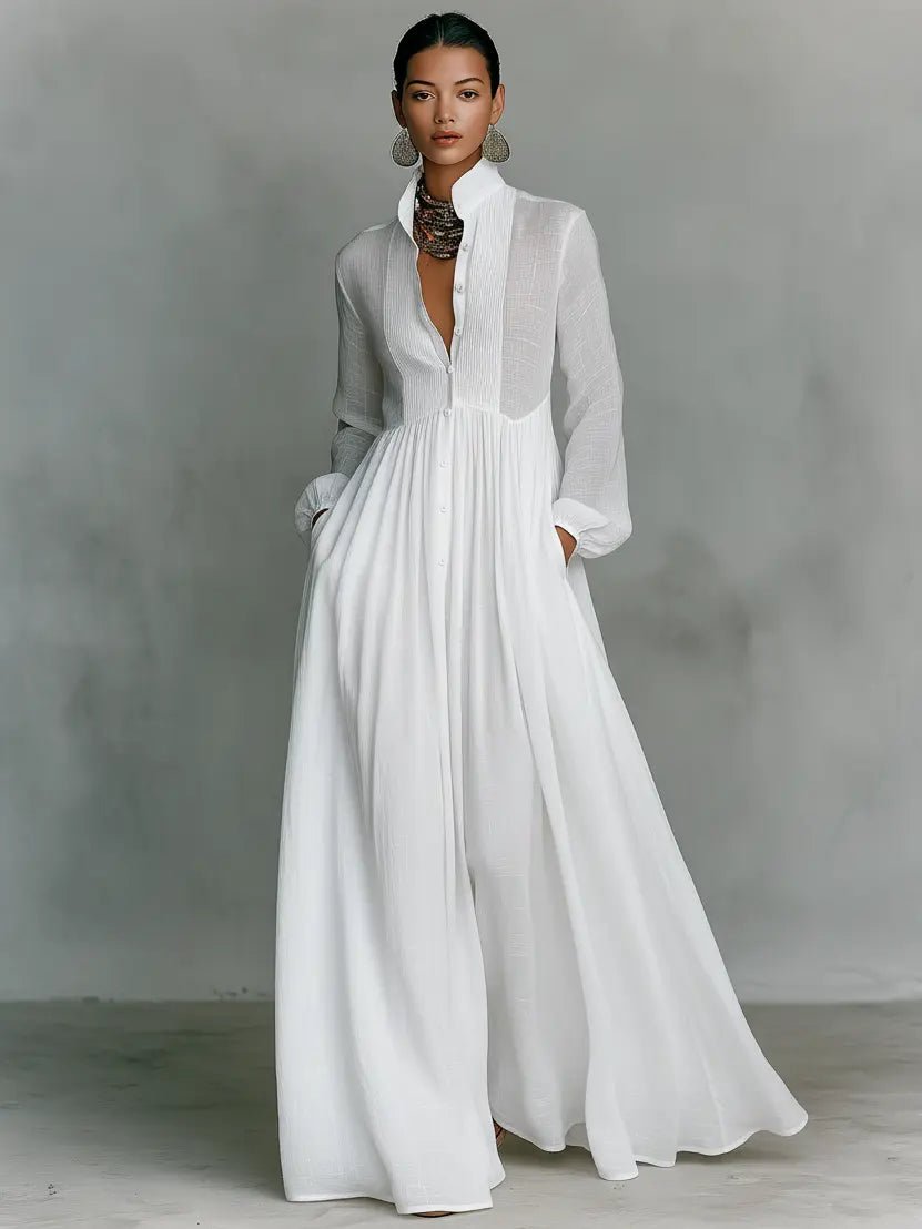 Elegant maxi dress featuring patchwork linen design, stand-up collar, and button closure, perfect for sophisticated occasions. 6