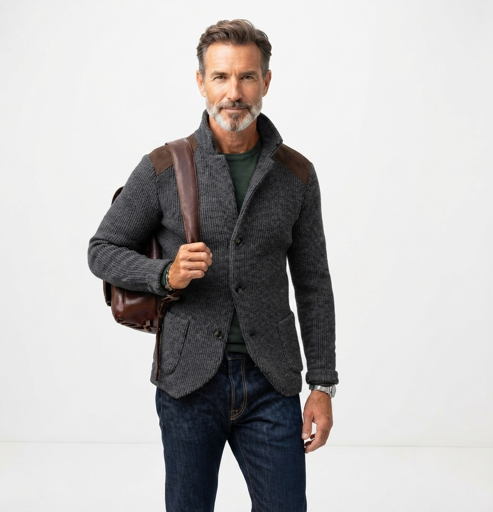 Men's blazer featuring a stylish waffle-knit texture and suede patches, perfect for versatile autumn layering. 0