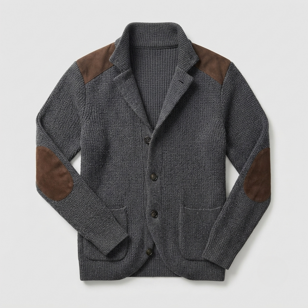 Men's blazer featuring a stylish waffle-knit texture and suede patches, perfect for versatile autumn layering. 1
