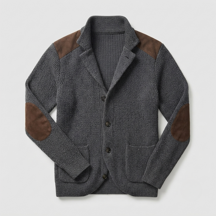 Men's blazer featuring a stylish waffle-knit texture and suede patches, perfect for versatile autumn layering. 1