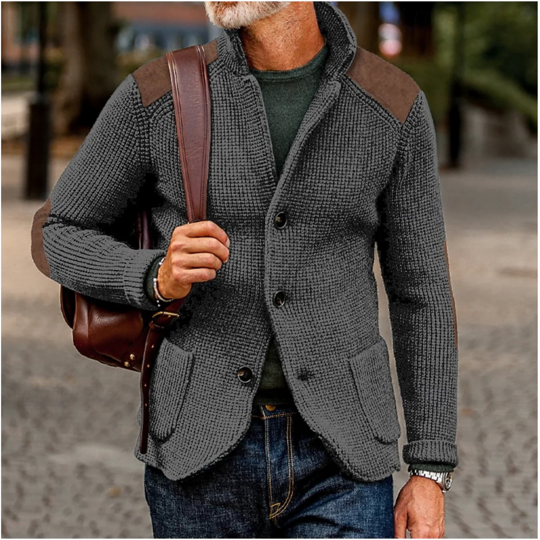 Men's blazer featuring a stylish waffle-knit texture and suede patches, perfect for versatile autumn layering. 2