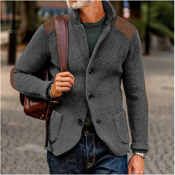 Men's blazer featuring a stylish waffle-knit texture and suede patches, perfect for versatile autumn layering. 2