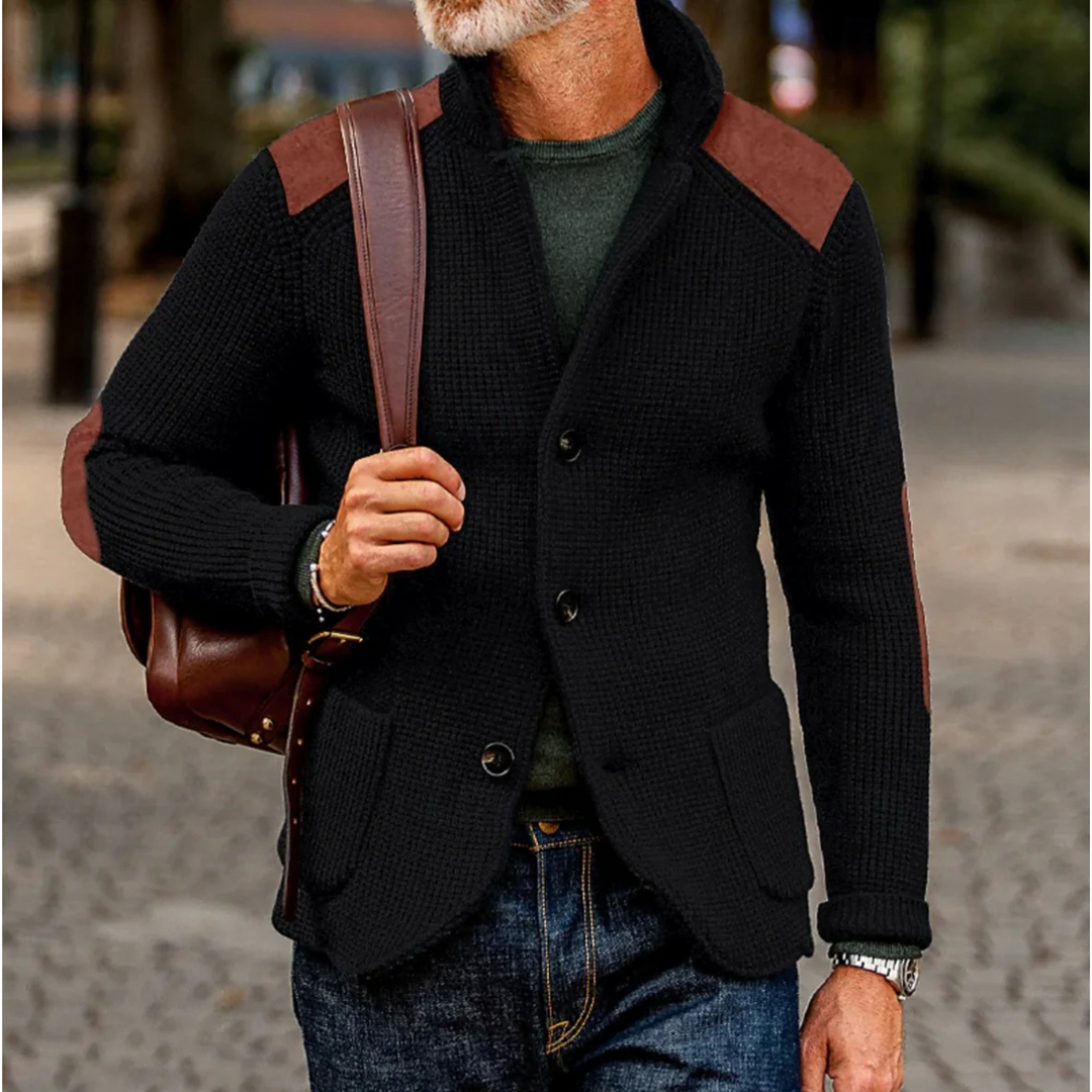 Men's blazer featuring a stylish waffle-knit texture and suede patches, perfect for versatile autumn layering. 3