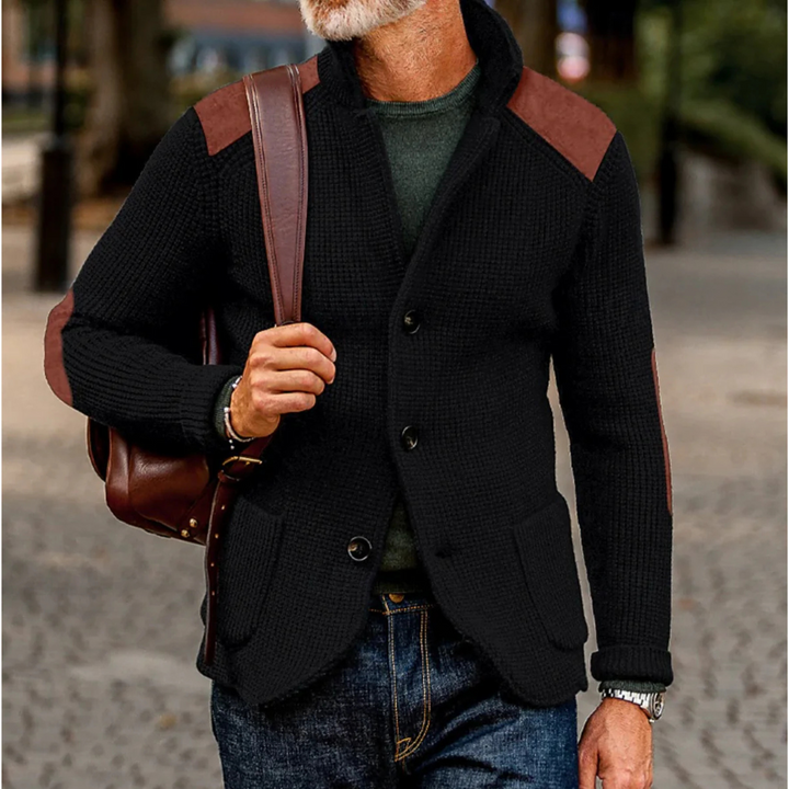 Men's blazer featuring a stylish waffle-knit texture and suede patches, perfect for versatile autumn layering. 3