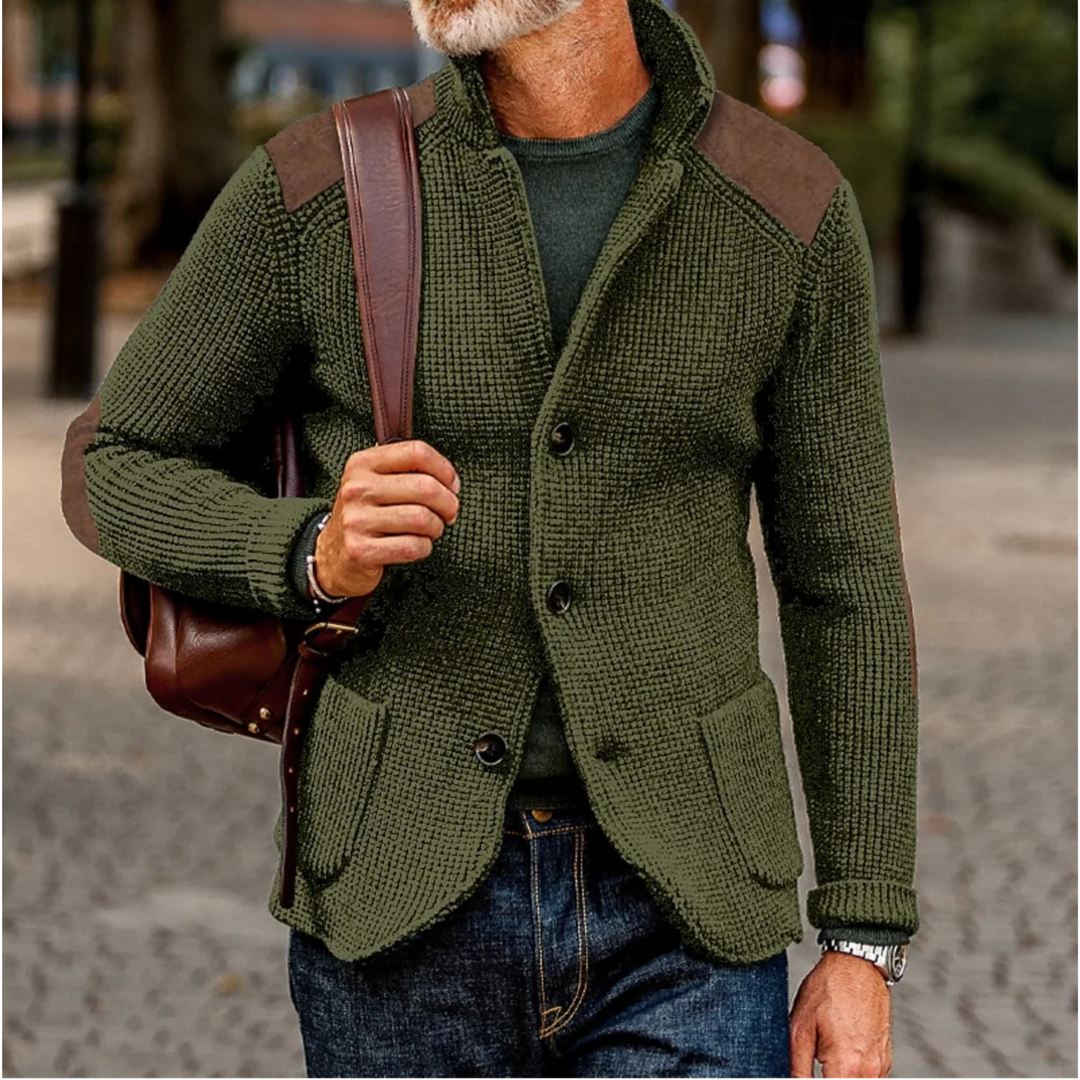 Men's blazer featuring a stylish waffle-knit texture and suede patches, perfect for versatile autumn layering. 4