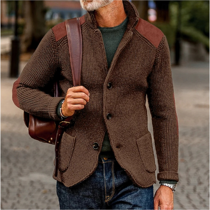 Men's blazer featuring a stylish waffle-knit texture and suede patches, perfect for versatile autumn layering. 5
