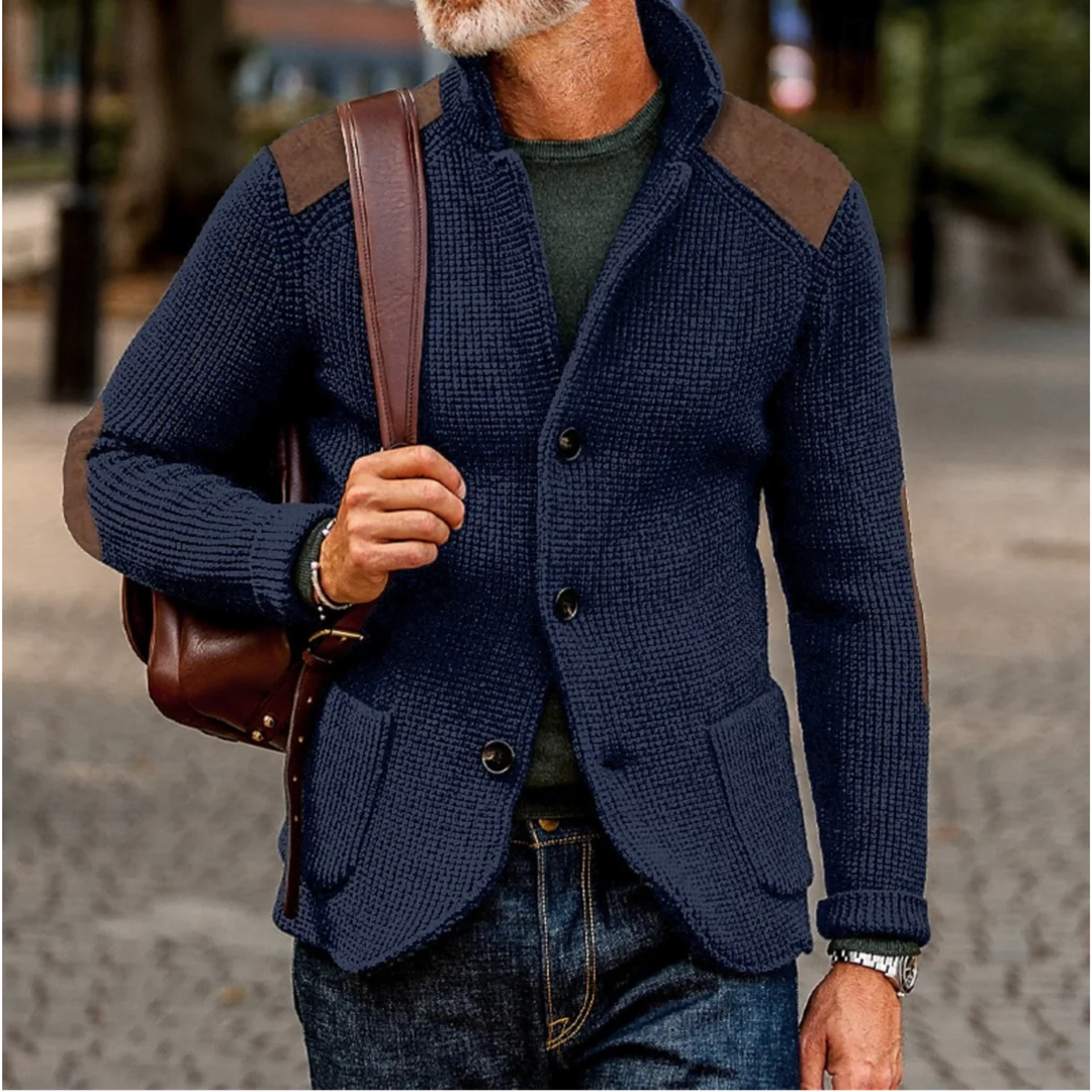 Men's blazer featuring a stylish waffle-knit texture and suede patches, perfect for versatile autumn layering. 6