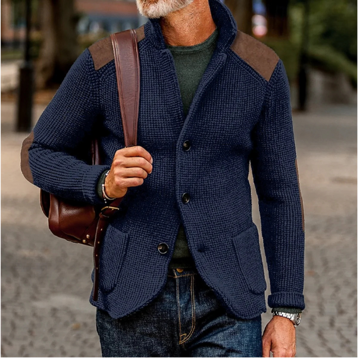 Men's blazer featuring a stylish waffle-knit texture and suede patches, perfect for versatile autumn layering. 6