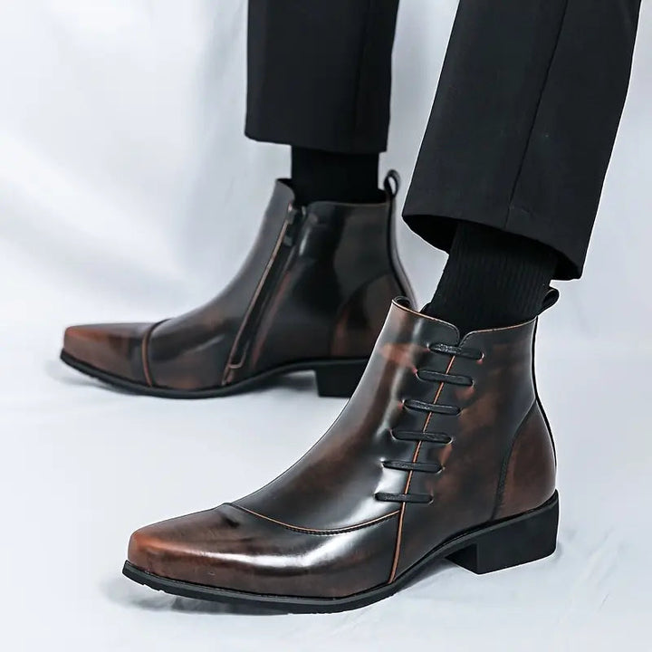 Men's dress boots featuring a cushioned footbed, exquisite brogue detailing, and a polished leather finish, ideal for formal and stylish occasions. 1