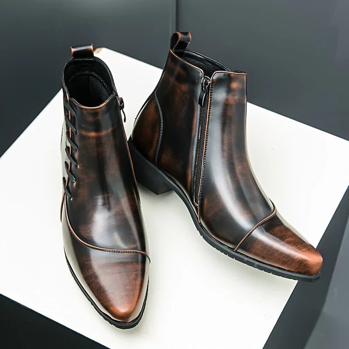 Men's dress boots featuring a cushioned footbed, exquisite brogue detailing, and a polished leather finish, ideal for formal and stylish occasions. 6