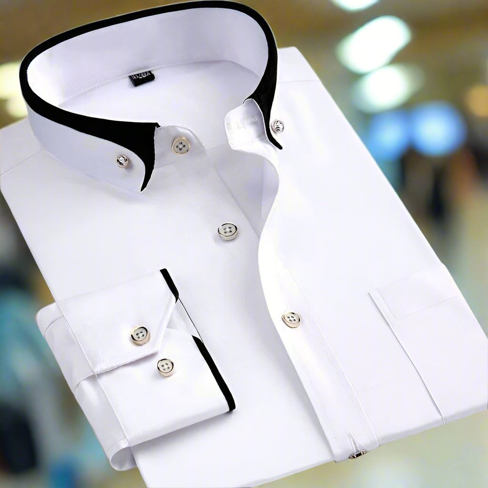 Men's classic long-sleeve dress shirt made from a comfortable cotton blend, featuring a timeless design suitable for formal and casual occasions. 1