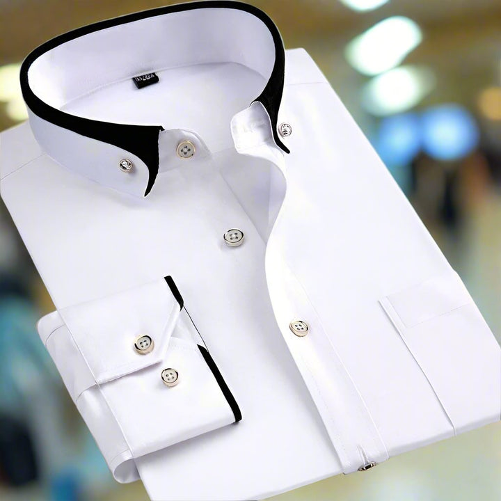 Men's classic long-sleeve dress shirt made from a comfortable cotton blend, featuring a timeless design suitable for formal and casual occasions. 1