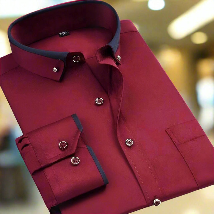 Men's classic long-sleeve dress shirt made from a comfortable cotton blend, featuring a timeless design suitable for formal and casual occasions. 5