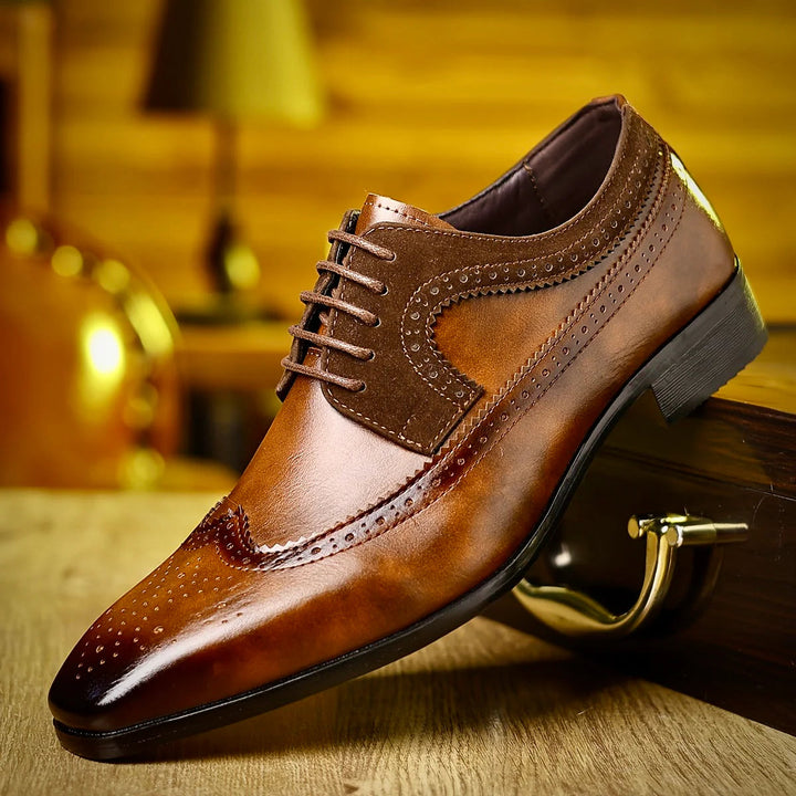 Men's black leather dress shoes featuring a sleek formal design, offering comfort and durability for any elegant occasion. 0