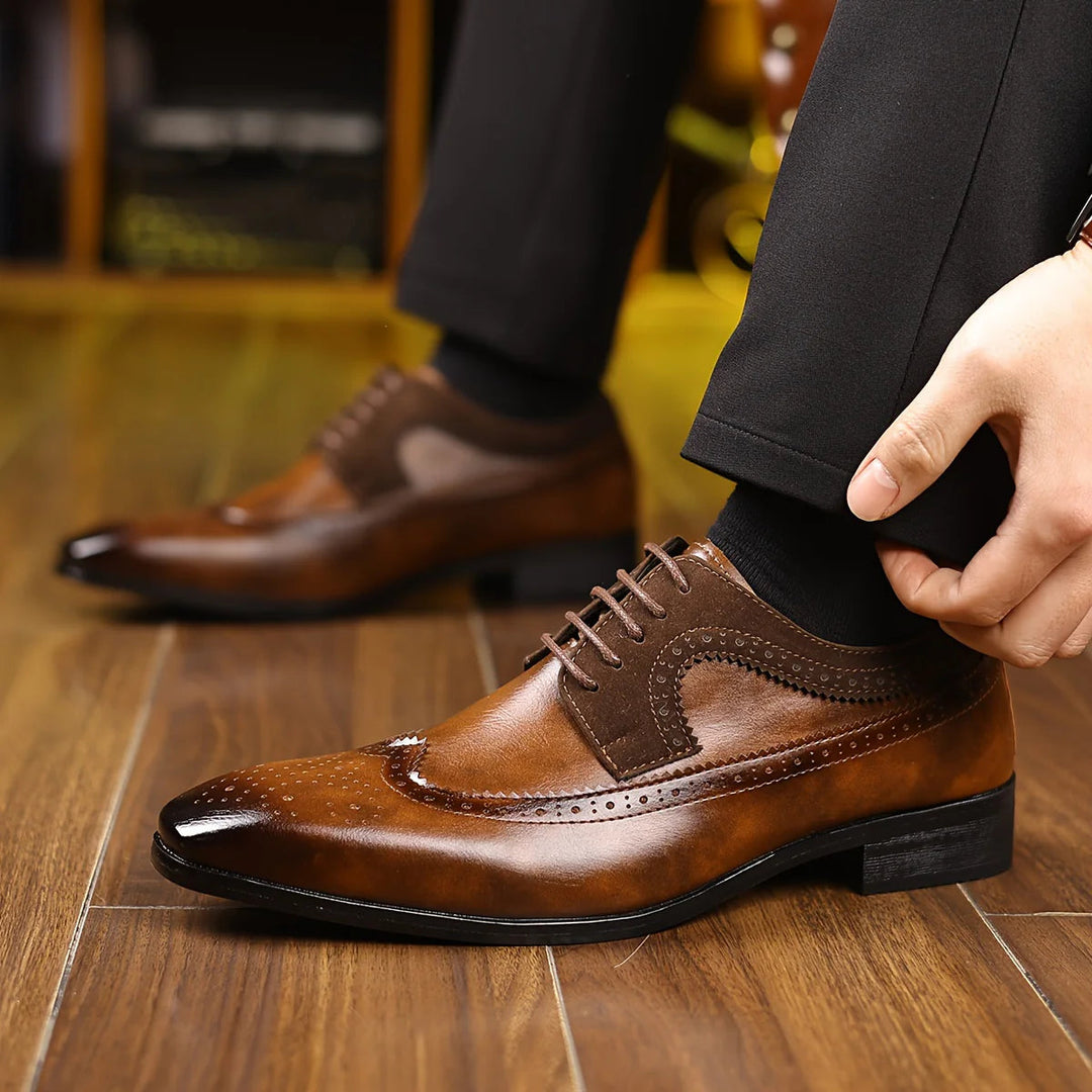 Men's black leather dress shoes featuring a sleek formal design, offering comfort and durability for any elegant occasion. 1
