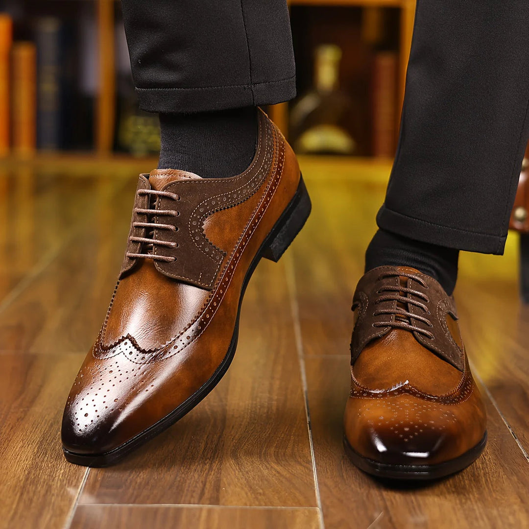 Men's black leather dress shoes featuring a sleek formal design, offering comfort and durability for any elegant occasion. 2