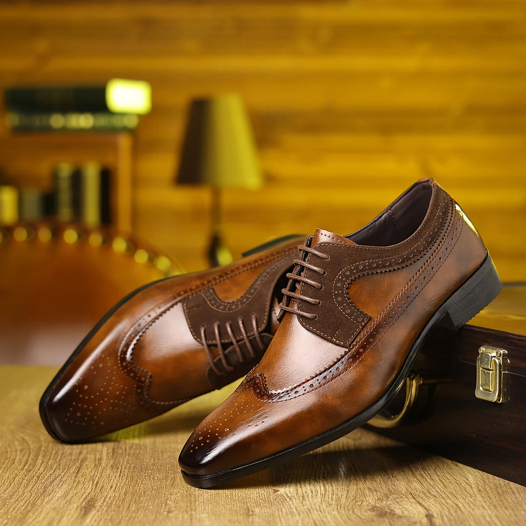 Men's black leather dress shoes featuring a sleek formal design, offering comfort and durability for any elegant occasion. 3