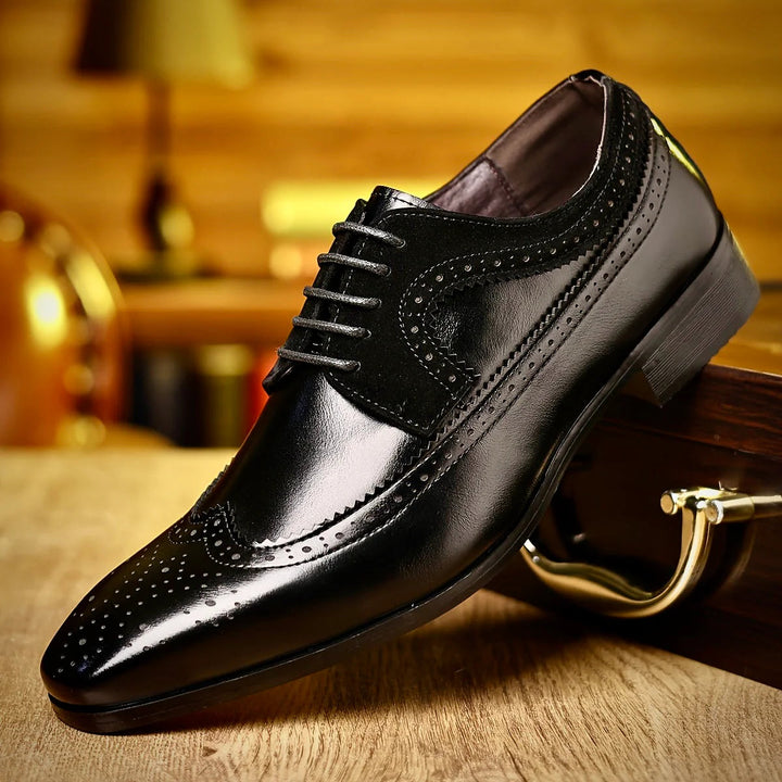 Men's black leather dress shoes featuring a sleek formal design, offering comfort and durability for any elegant occasion. 4