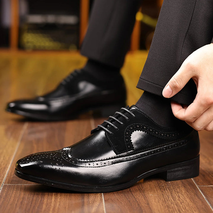 Men's black leather dress shoes featuring a sleek formal design, offering comfort and durability for any elegant occasion. 5