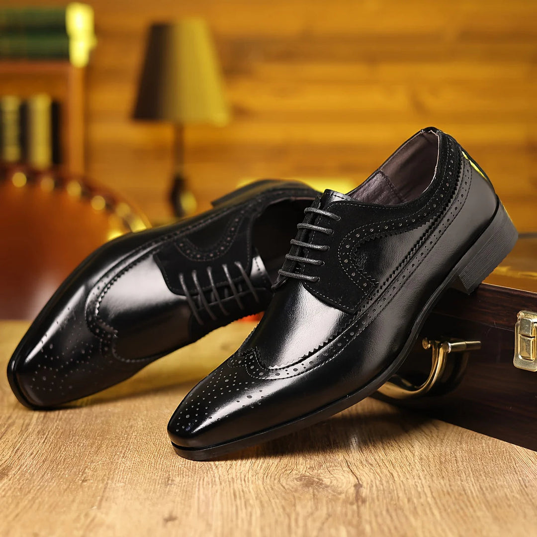 Men's black leather dress shoes featuring a sleek formal design, offering comfort and durability for any elegant occasion. 7