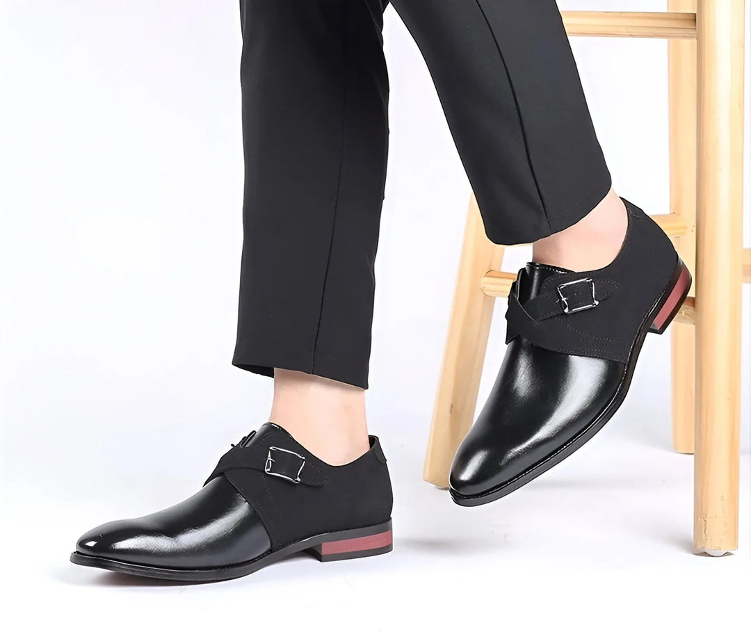 Men's dress shoes featuring luxurious black leather with stylish suede detailing, perfect for formal occasions and sophisticated outfits. 8