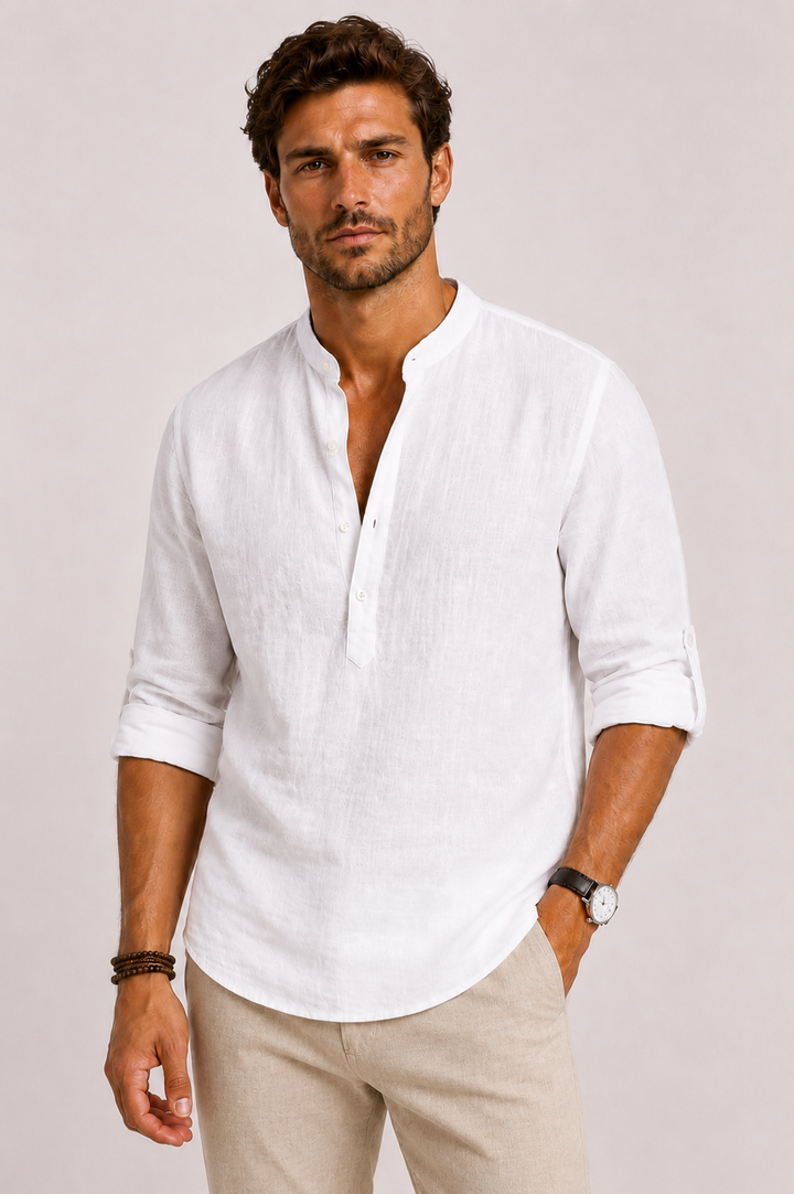 Men's white linen shirt featuring a stylish mandarin collar and roll-tab sleeves, designed for a relaxed fit and comfortable wear. 0