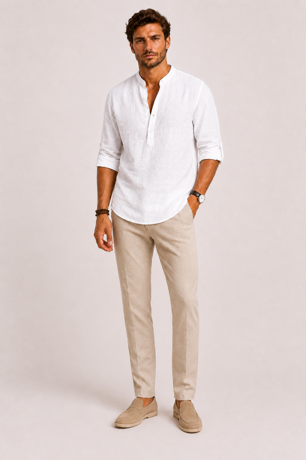 Men's white linen shirt featuring a stylish mandarin collar and roll-tab sleeves, designed for a relaxed fit and comfortable wear. 1