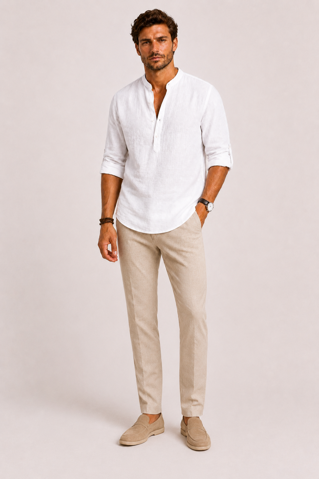 Men's white linen shirt featuring a stylish mandarin collar and roll-tab sleeves, designed for a relaxed fit and comfortable wear. 1