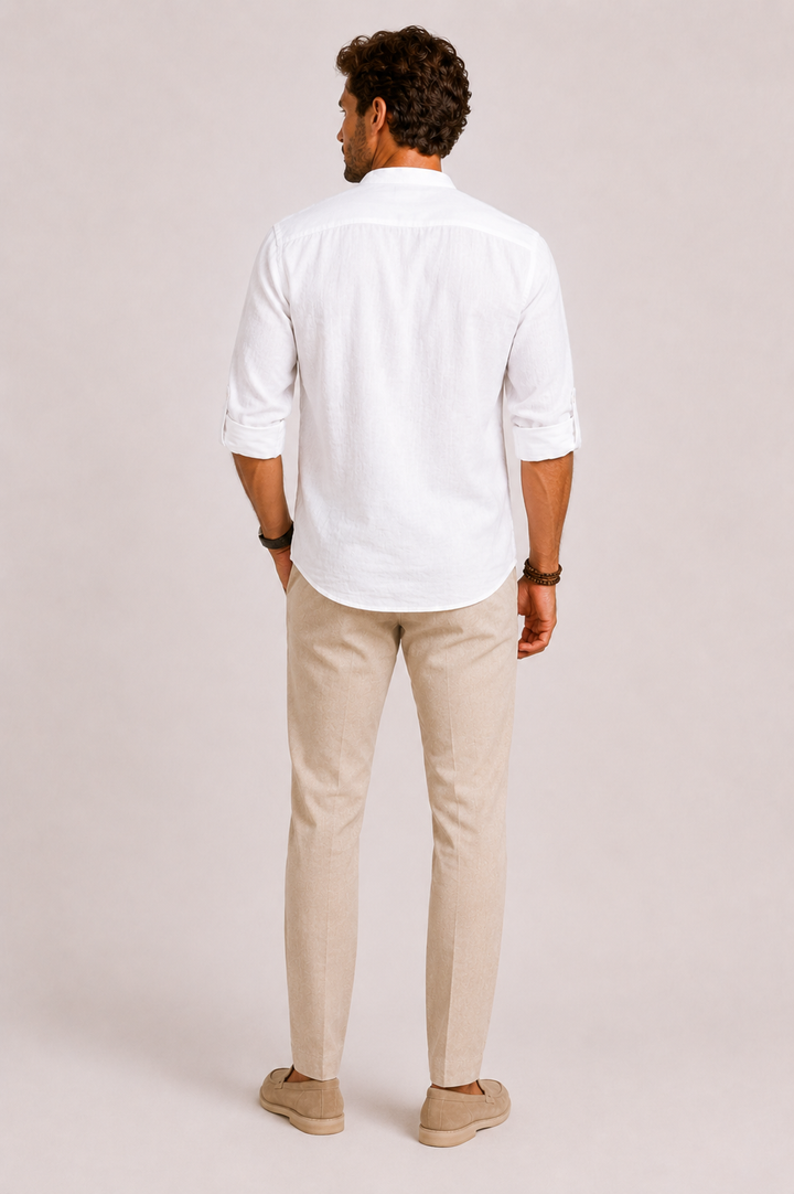 Men's white linen shirt featuring a stylish mandarin collar and roll-tab sleeves, designed for a relaxed fit and comfortable wear. 2