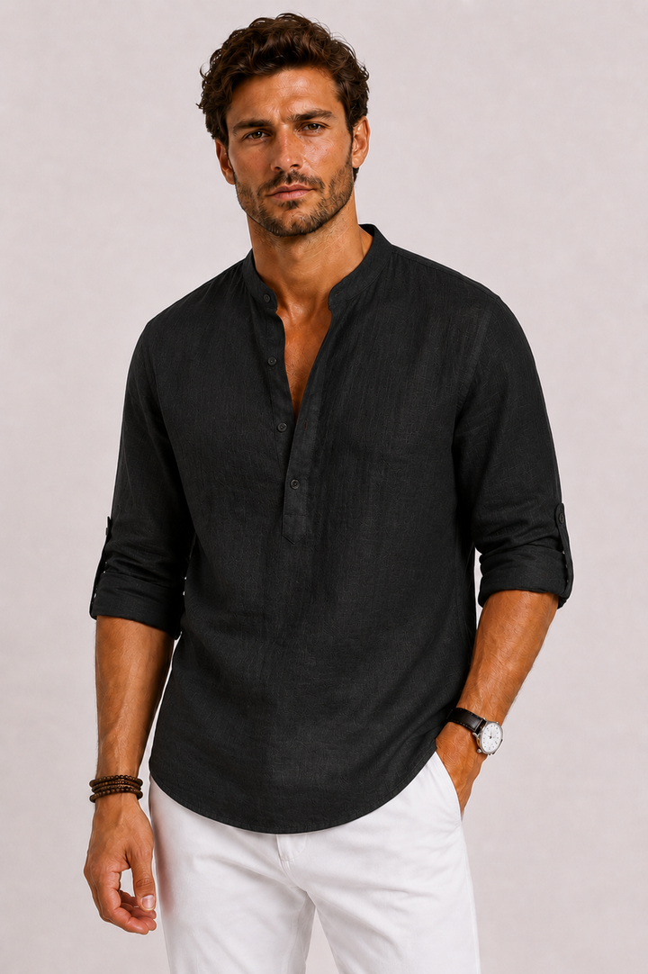 Men's white linen shirt featuring a stylish mandarin collar and roll-tab sleeves, designed for a relaxed fit and comfortable wear. 3