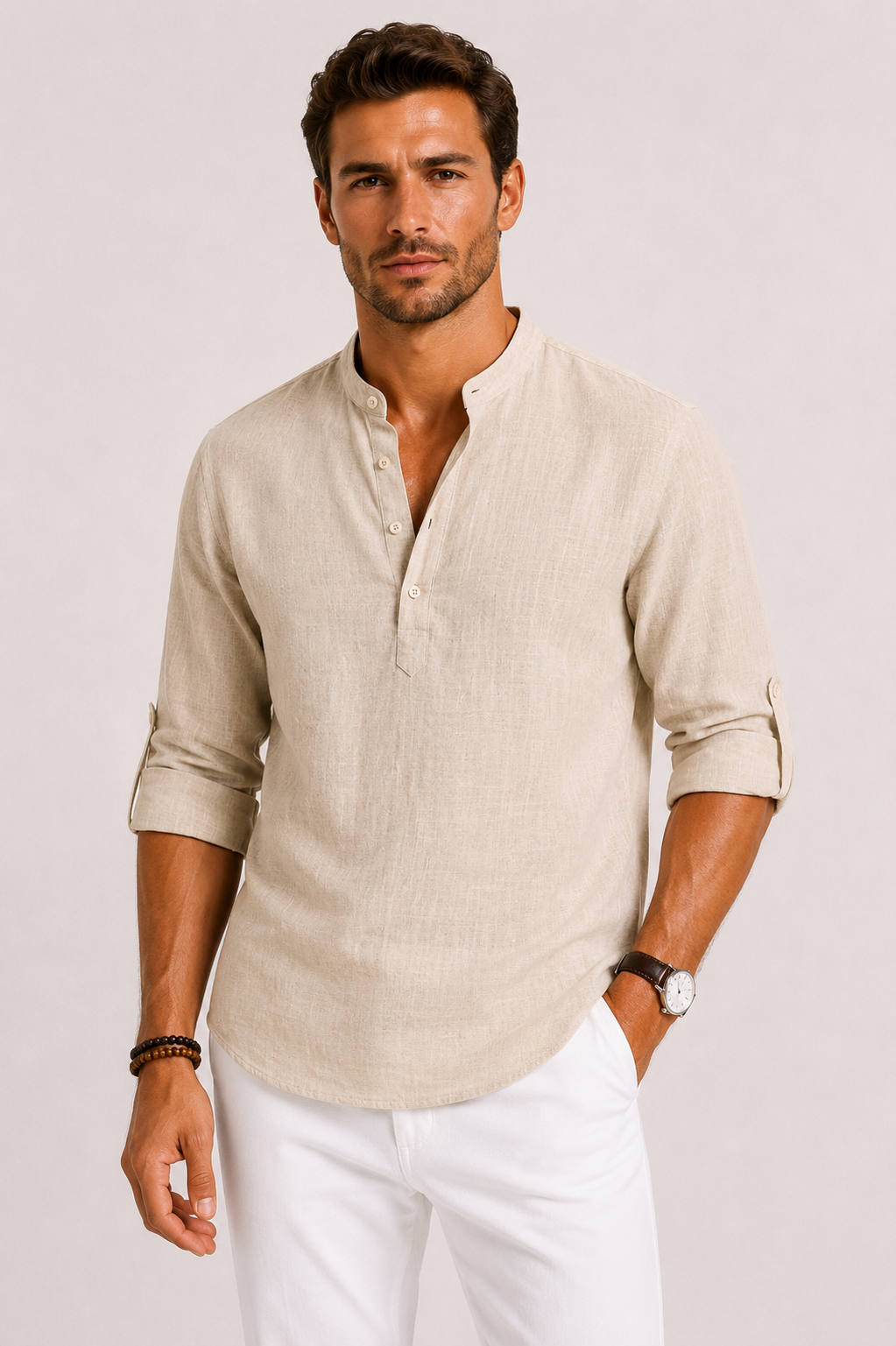 Men's white linen shirt featuring a stylish mandarin collar and roll-tab sleeves, designed for a relaxed fit and comfortable wear. 4