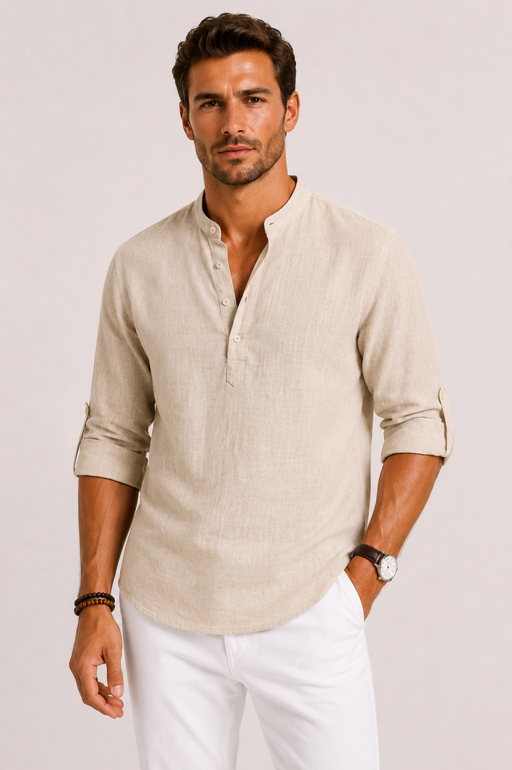 Men's white linen shirt featuring a stylish mandarin collar and roll-tab sleeves, designed for a relaxed fit and comfortable wear. 4