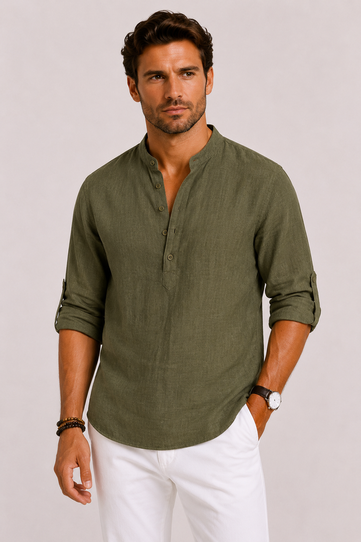 Men's white linen shirt featuring a stylish mandarin collar and roll-tab sleeves, designed for a relaxed fit and comfortable wear. 5