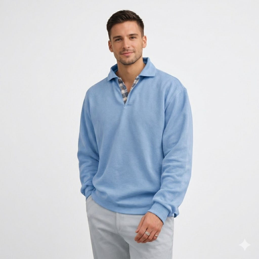 Men's long sleeve polo shirt made from soft knit fabric, featuring a modern relaxed fit, perfect for casual wear. 0