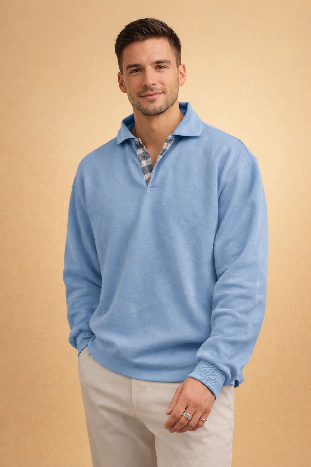 Men's long sleeve polo shirt made from soft knit fabric, featuring a modern relaxed fit, perfect for casual wear. 1