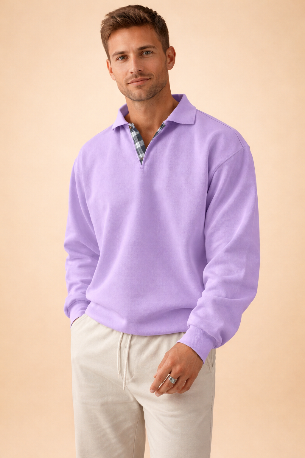 Men's long sleeve polo shirt made from soft knit fabric, featuring a modern relaxed fit, perfect for casual wear. 10