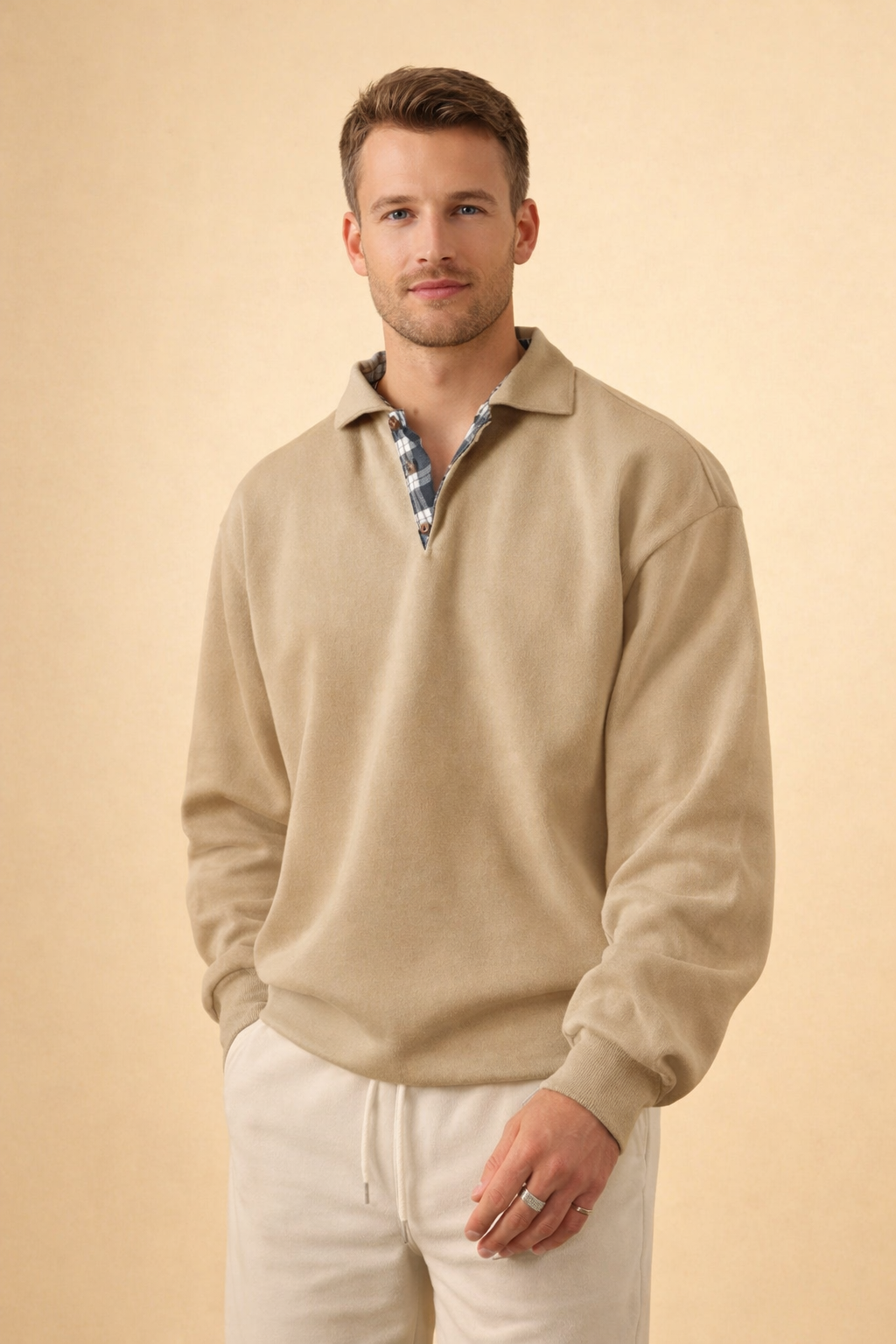 Men's long sleeve polo shirt made from soft knit fabric, featuring a modern relaxed fit, perfect for casual wear. 8
