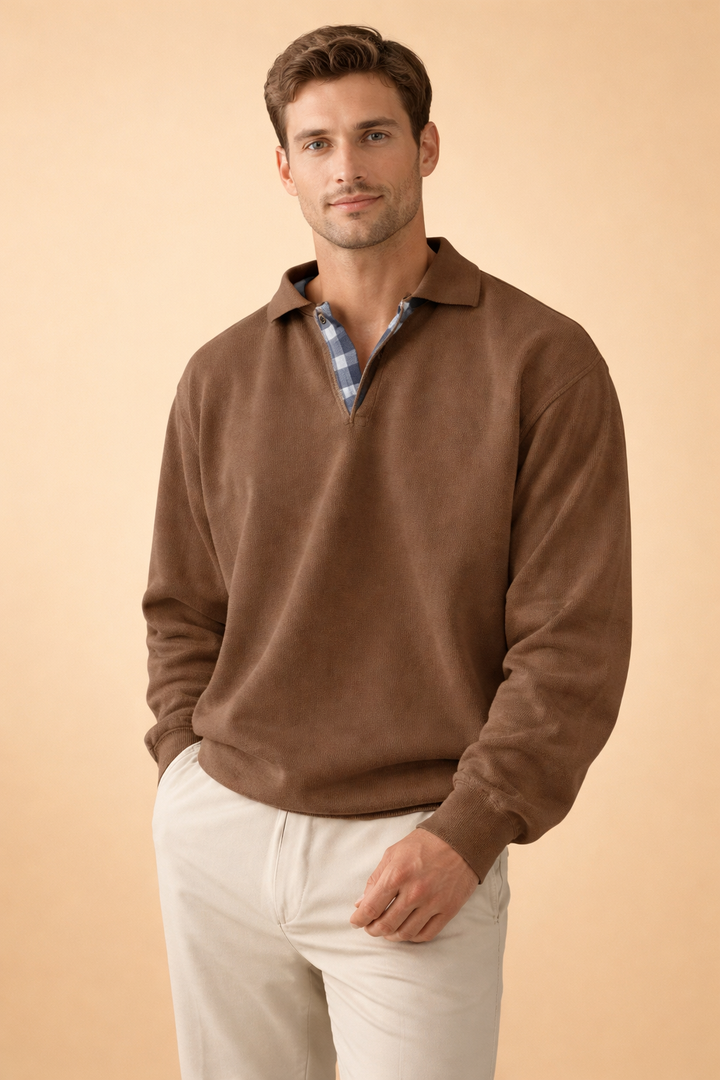 Men's long sleeve polo shirt made from soft knit fabric, featuring a modern relaxed fit, perfect for casual wear. 9