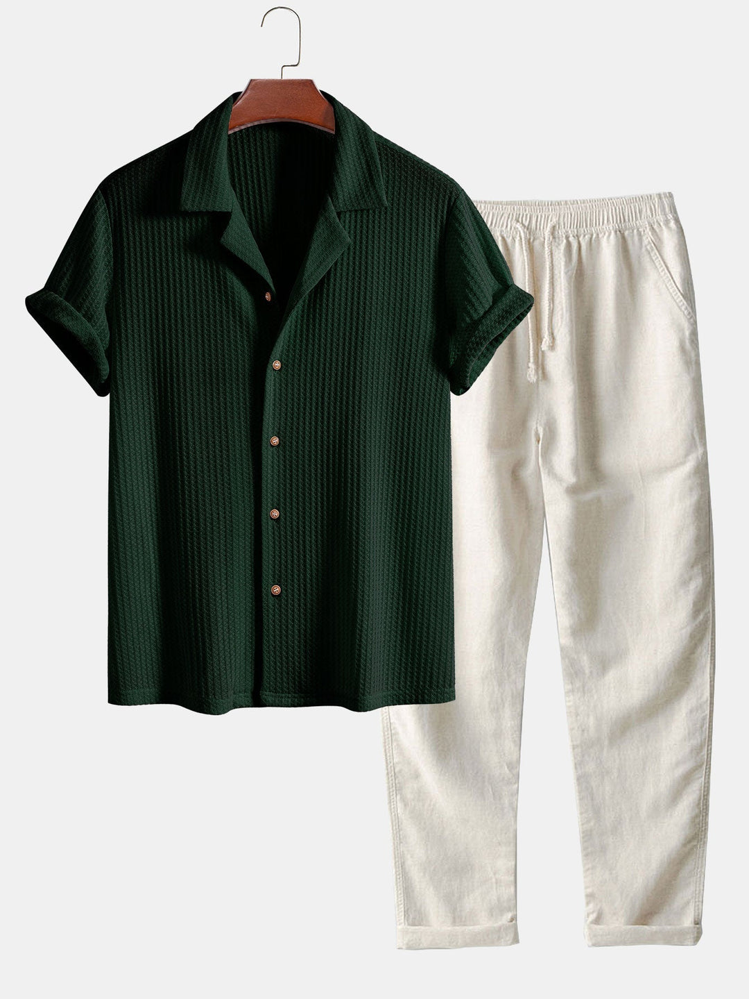 Men's outfit set featuring a textured knitted waffle shirt paired with lightweight linen pants, ideal for casual summer style. 0