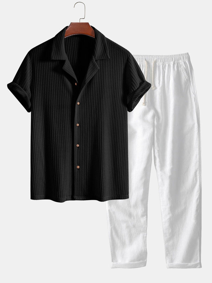Men's outfit set featuring a textured knitted waffle shirt paired with lightweight linen pants, ideal for casual summer style. 3