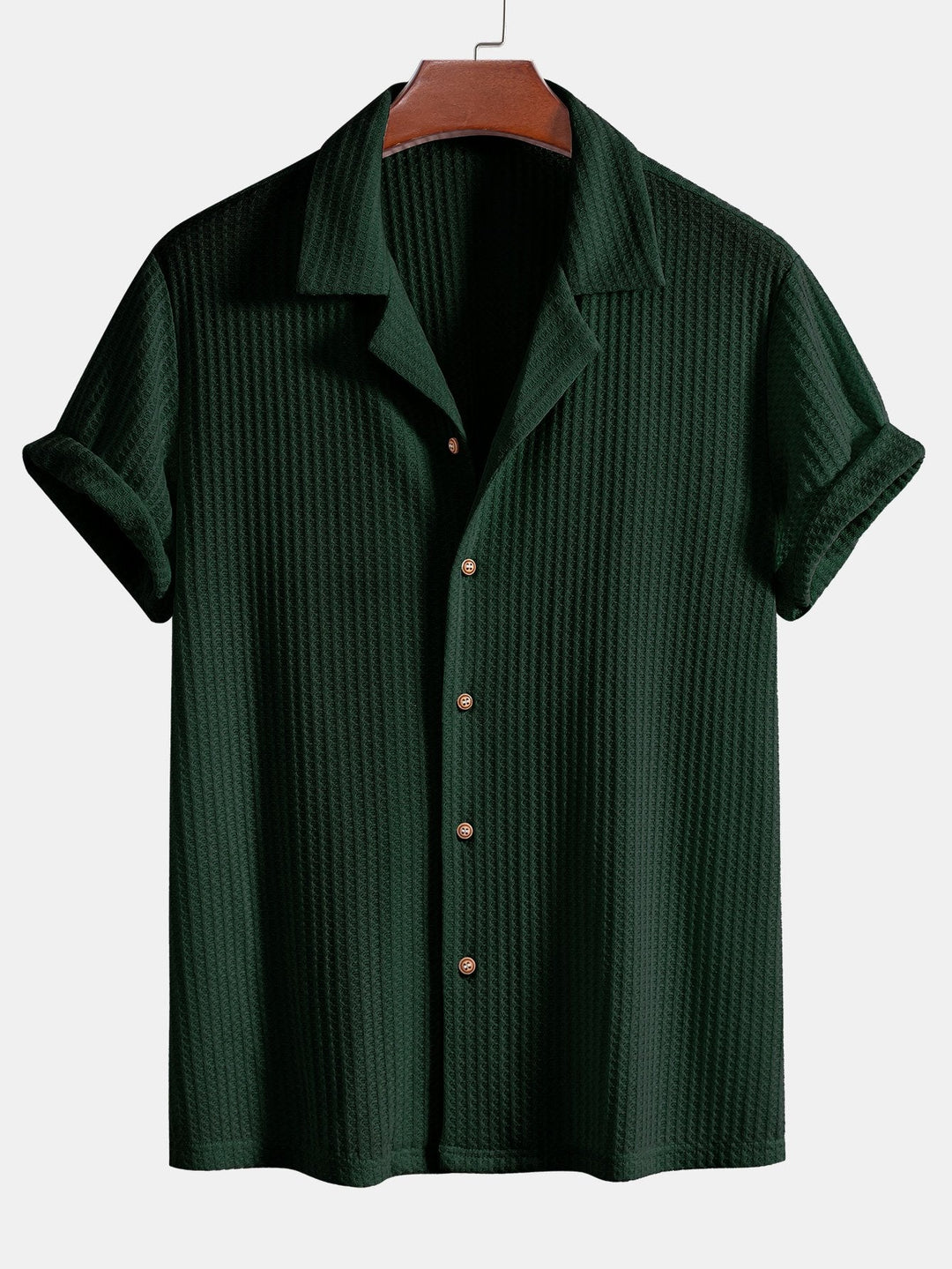 Men's outfit set featuring a textured knitted waffle shirt paired with lightweight linen pants, ideal for casual summer style. 6