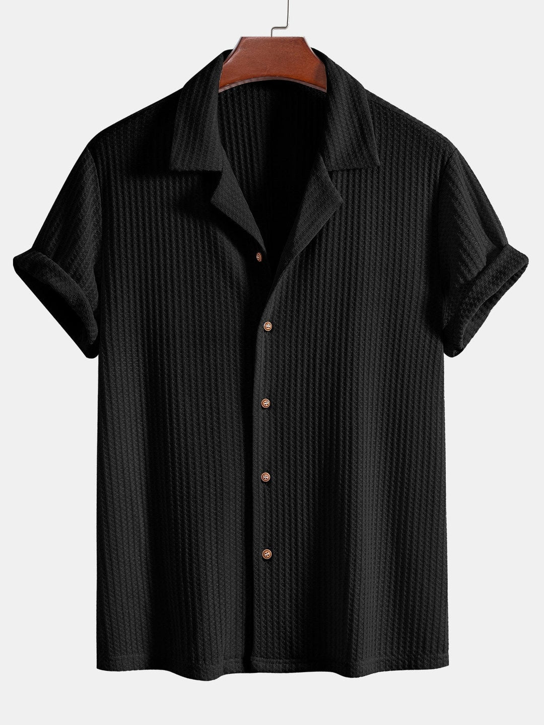 Men's outfit set featuring a textured knitted waffle shirt paired with lightweight linen pants, ideal for casual summer style. 7