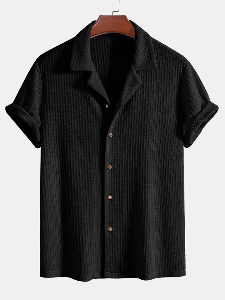 Men's outfit set featuring a textured knitted waffle shirt paired with lightweight linen pants, ideal for casual summer style. 7