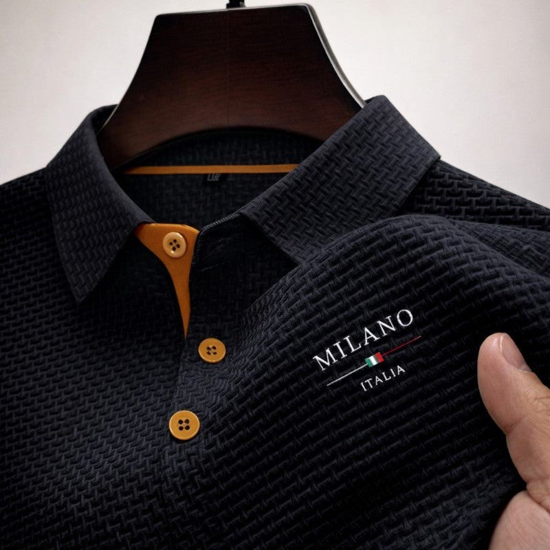 Men's classic fit polo shirt featuring a Milano button placket and a textured surface, crafted from a comfortable cotton blend, perfect for casual or smart-c 0
